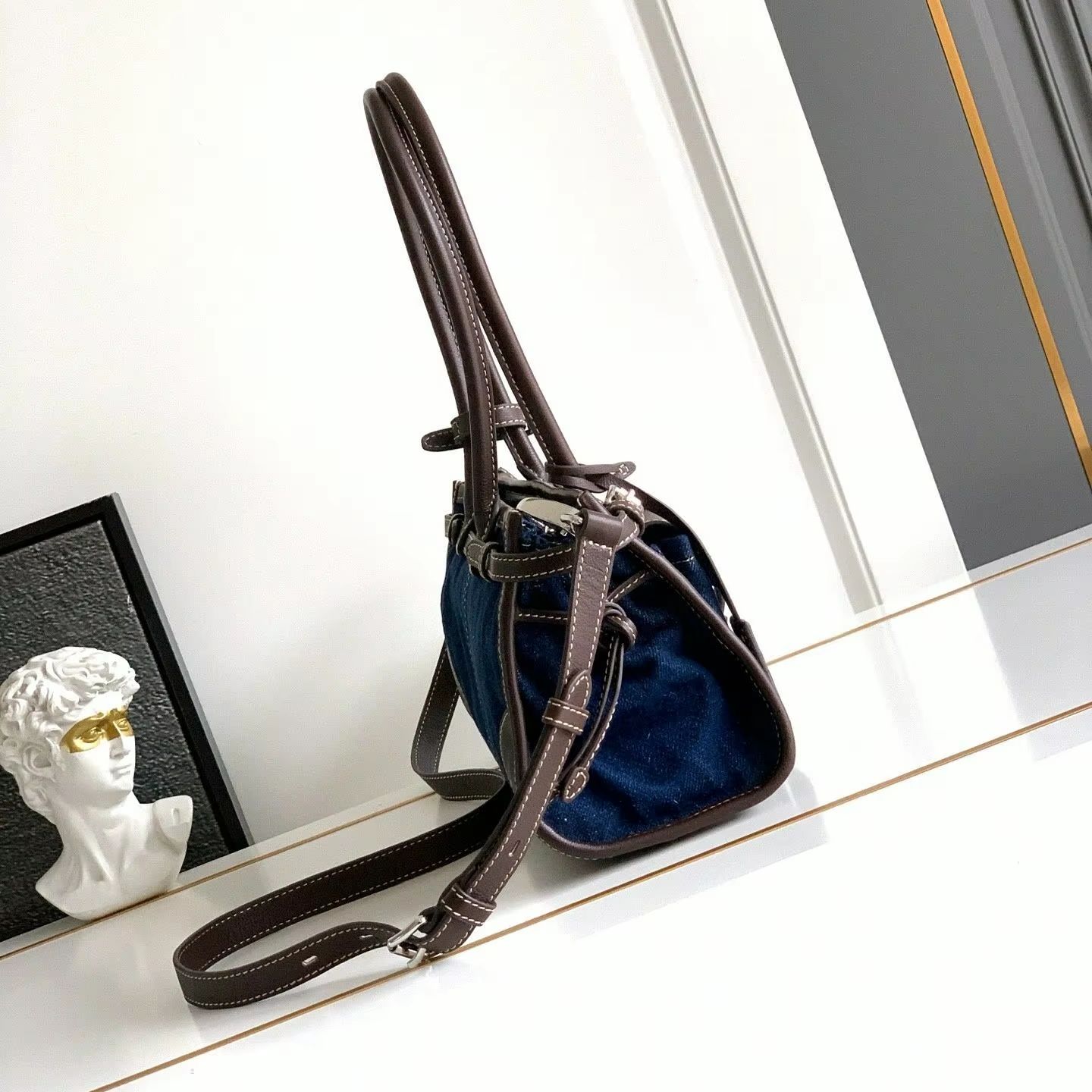 Luxury Bags Denim - Bolsa Mini Boston de Couro Denim,